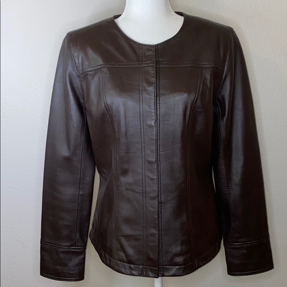 i.e. Crewneck Brown Leather Jacket Size M
